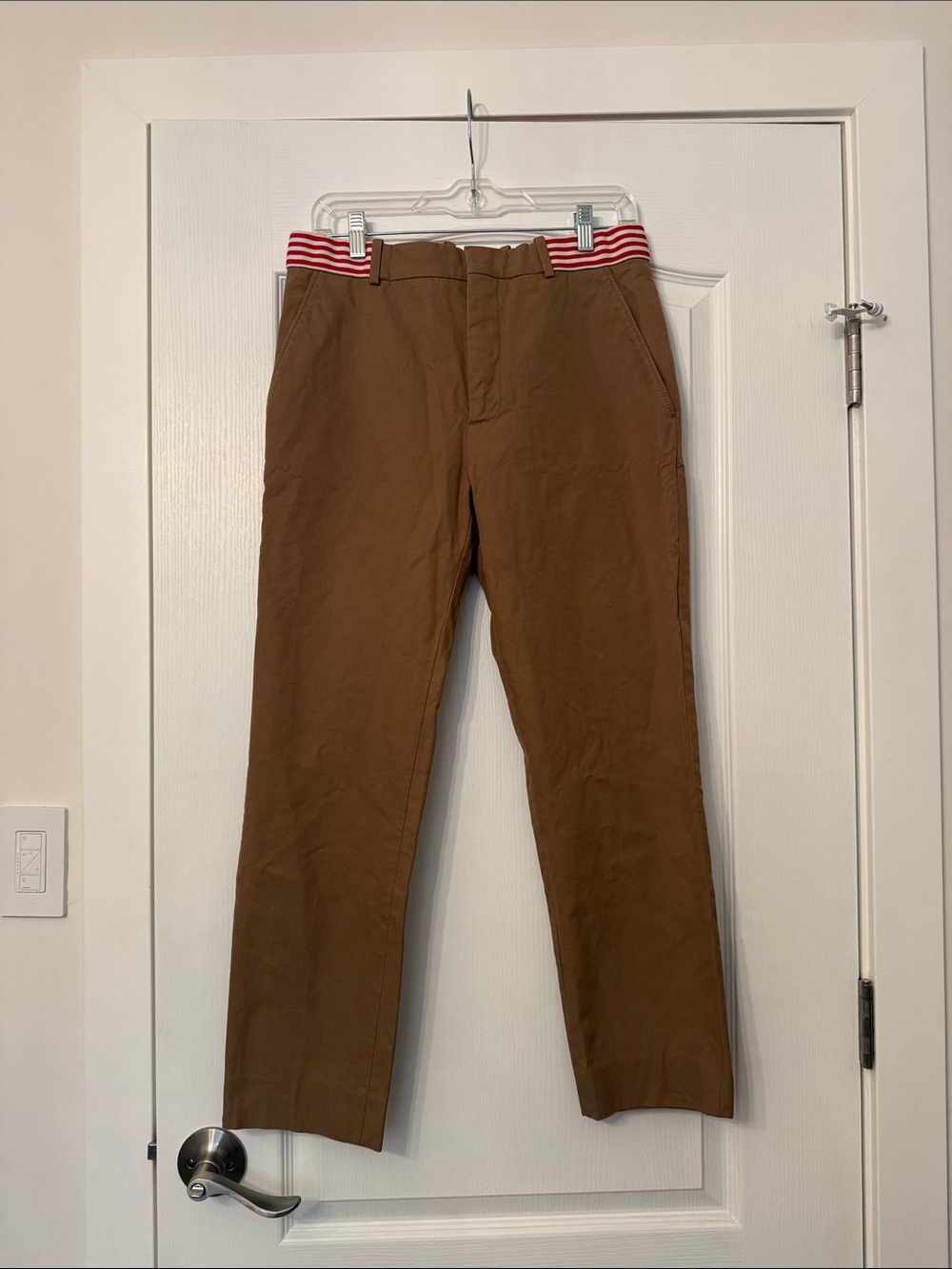 Alexander McQueen Brown Chinos with Red and White Striped Waistband